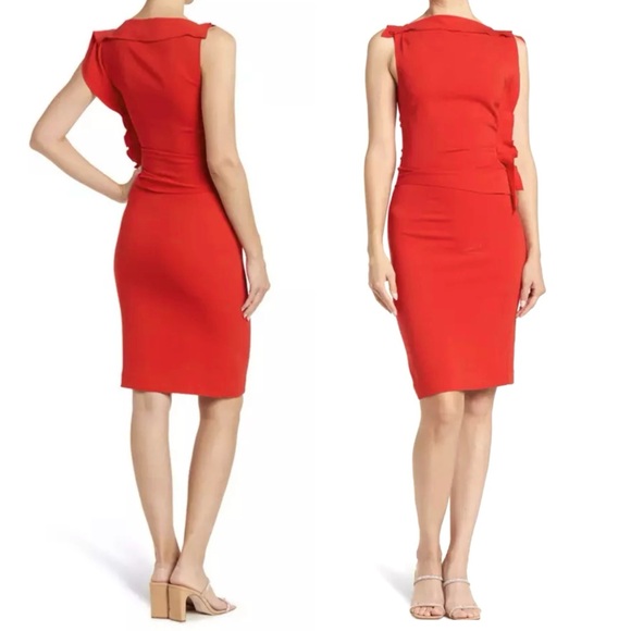 REISS Robyn Dress Ruffle Side Bodycon Cocktail Red Size 6 Knee Length - Picture 4 of 10